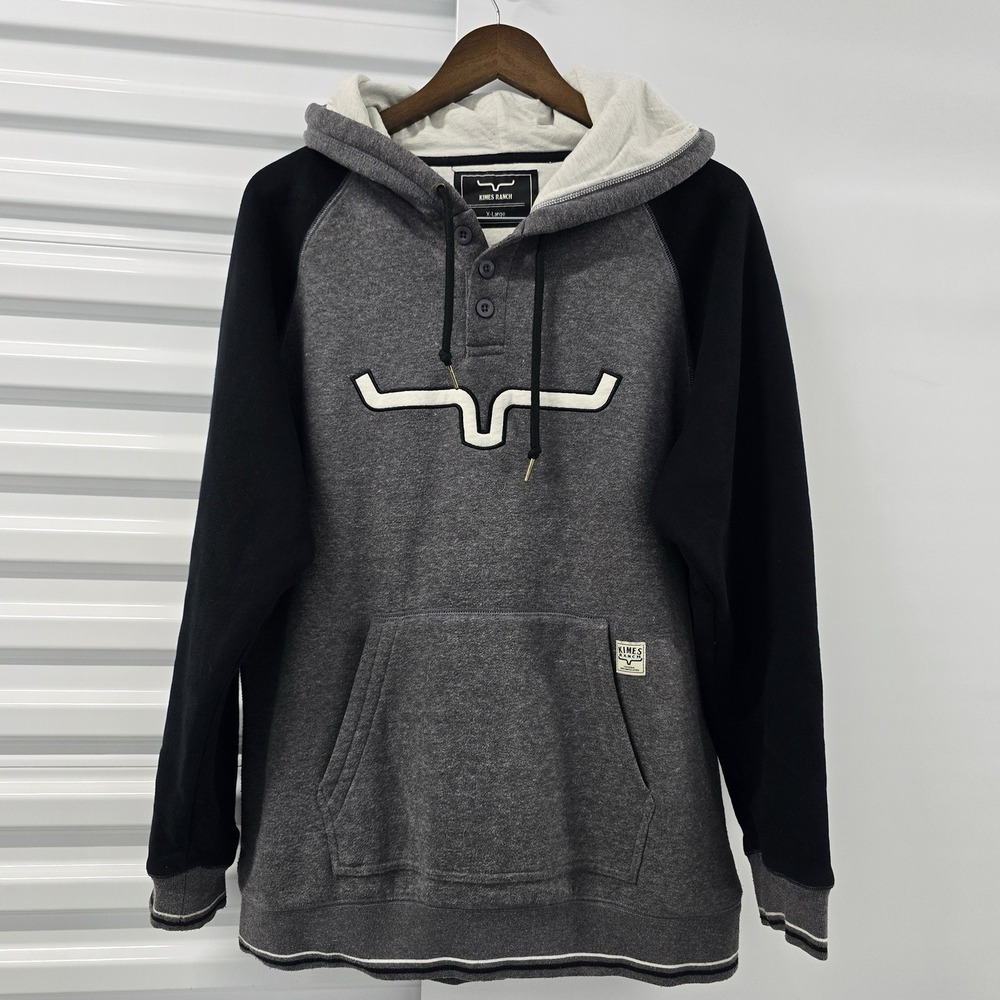 Kimes Ranch Hoodie Mens XL Gray Black Longhorn Logo Henley Pullover Western